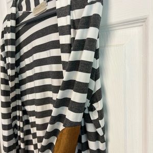 Gray and White Striped Cardigan with Elbow Patches